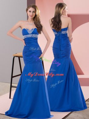 Hot Sale Blue Mermaid Sweetheart Sleeveless Satin Floor Length Lace Up Beading and Ruching Prom Gown