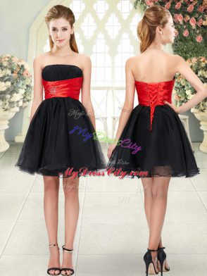 Deluxe Black A-line Organza Strapless Sleeveless Beading Mini Length Lace Up Dress for Prom