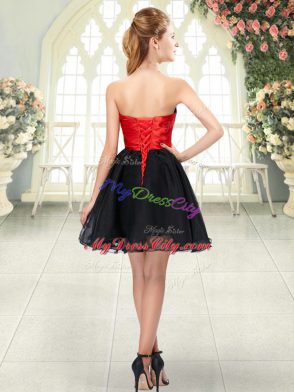 Deluxe Black A-line Organza Strapless Sleeveless Beading Mini Length Lace Up Dress for Prom