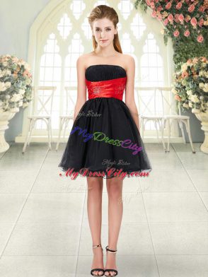 Deluxe Black A-line Organza Strapless Sleeveless Beading Mini Length Lace Up Dress for Prom