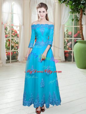 A-line Dress for Prom Blue Off The Shoulder Tulle 3 4 Length Sleeve Floor Length Lace Up