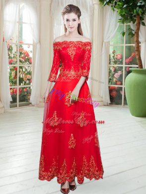 Lovely Red Off The Shoulder Neckline Lace and Appliques Prom Gown 3 4 Length Sleeve