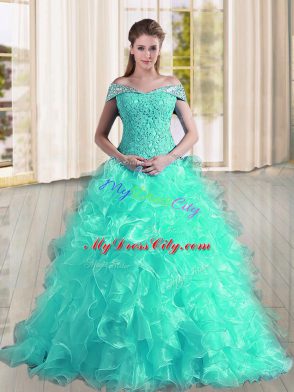 Customized Off The Shoulder Sleeveless Sweep Train Lace Up 15 Quinceanera Dress Turquoise Organza