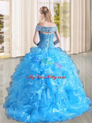 Customized Off The Shoulder Sleeveless Sweep Train Lace Up 15 Quinceanera Dress Turquoise Organza