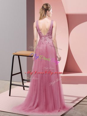 Beautiful Pink Sleeveless Sweep Train Lace Prom Evening Gown