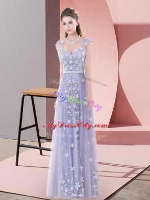 Cheap Lavender Zipper Homecoming Dress Beading and Appliques Cap Sleeves Floor Length