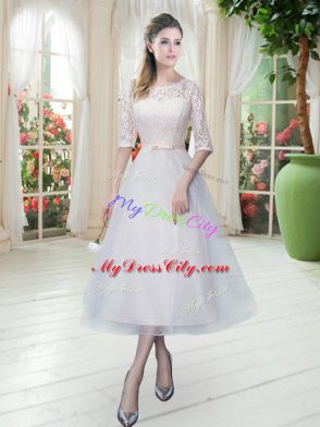 Simple Lace Prom Dresses White Lace Up Half Sleeves Tea Length