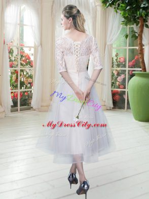 Simple Lace Prom Dresses White Lace Up Half Sleeves Tea Length