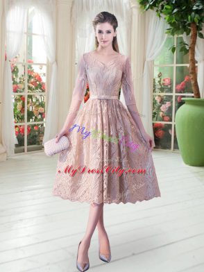 Half Sleeves Zipper Tea Length Belt Prom Gown