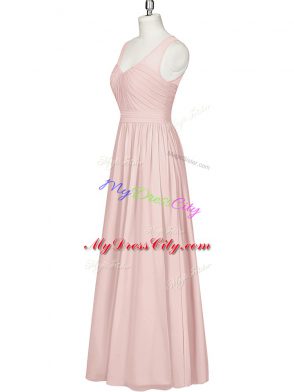 Chiffon V-neck Sleeveless Zipper Ruching Prom Dress in Pink