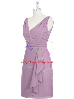 Purple Column/Sheath V-neck Sleeveless Chiffon Knee Length Zipper Ruching Prom Evening Gown