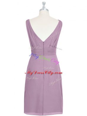 Purple Column/Sheath V-neck Sleeveless Chiffon Knee Length Zipper Ruching Prom Evening Gown