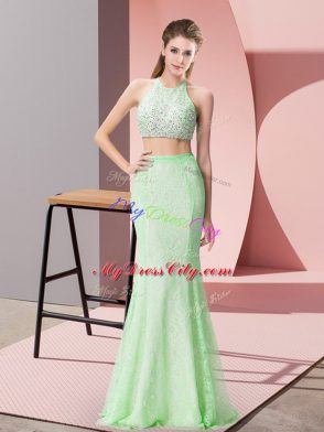 Floor Length Apple Green Prom Party Dress Halter Top Sleeveless Backless