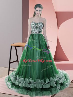 Ideal Green Sleeveless Beading and Appliques Lace Up Evening Dress