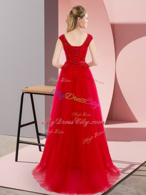 Floor Length A-line Short Sleeves Red Evening Gowns Sweep Train Lace Up