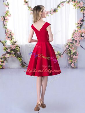 Red Straps Zipper Ruching Bridesmaids Dress Cap Sleeves