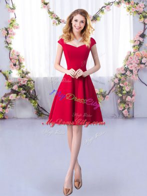 Red Straps Zipper Ruching Bridesmaids Dress Cap Sleeves