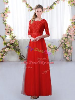 Latest Red Court Dresses for Sweet 16 Prom and Party and Wedding Party with Lace Scalloped Half Sleeves Zipper