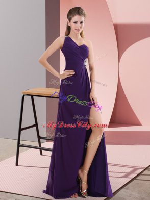 Purple Backless Dress for Prom Beading and Ruching Sleeveless Sweep Train