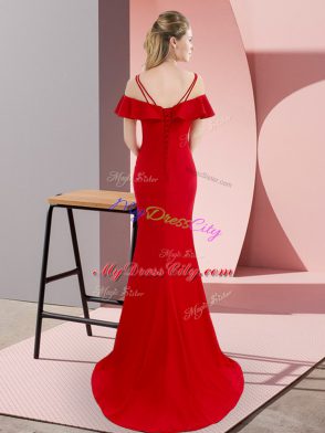 Satin Straps Sleeveless Sweep Train Lace Up Beading Evening Dress in Red