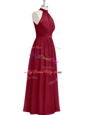 Cheap Burgundy Chiffon Side Zipper High-neck Sleeveless Floor Length Ruching