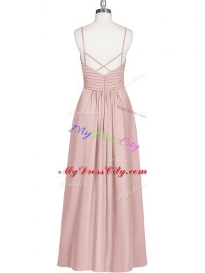 Lovely Ankle Length Pink Evening Dress Spaghetti Straps Sleeveless Criss Cross