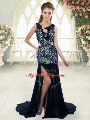 Lovely Navy Blue Chiffon Backless Dress for Prom Sleeveless Brush Train Lace