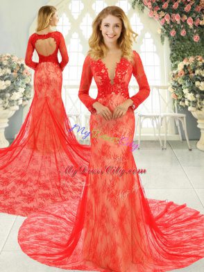 Inexpensive Red Tulle Backless Evening Dress Long Sleeves Court Train Lace