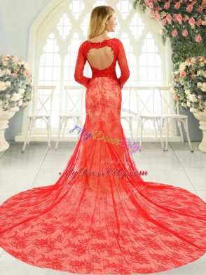 Inexpensive Red Tulle Backless Evening Dress Long Sleeves Court Train Lace