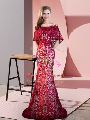 Red Half Sleeves Lace Lace Up Evening Dress