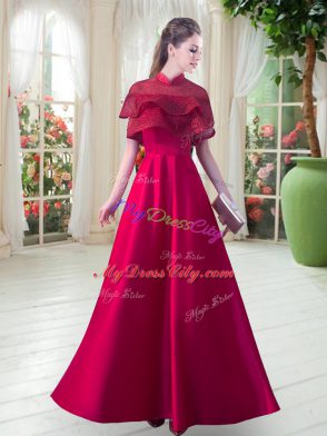 Fancy Red A-line High-neck Short Sleeves Satin Floor Length Zipper Lace Evening Dress