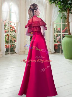 Fancy Red A-line High-neck Short Sleeves Satin Floor Length Zipper Lace Evening Dress