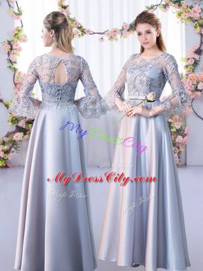 Glittering Silver Satin Lace Up Dama Dress 3 4 Length Sleeve Floor Length Lace