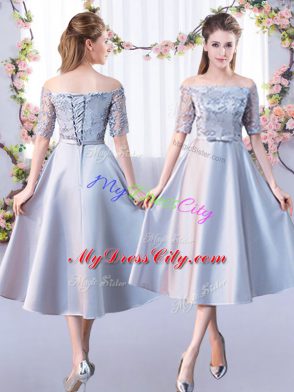 Glittering Silver Satin Lace Up Dama Dress 3 4 Length Sleeve Floor Length Lace