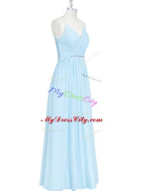 Light Blue Empire Ruching and Pleated Zipper Chiffon Sleeveless Floor Length