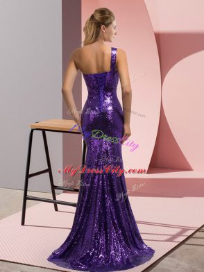 Sequined One Shoulder Sleeveless Sweep Train Lace Up Beading Dress for Prom in Green