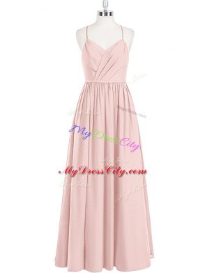 On Sale Pink Chiffon Criss Cross Spaghetti Straps Sleeveless Floor Length Ruching