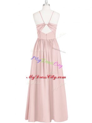 On Sale Pink Chiffon Criss Cross Spaghetti Straps Sleeveless Floor Length Ruching