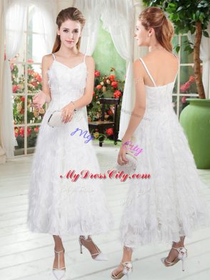 Enchanting White A-line Straps Sleeveless Ruffles Tea Length Zipper Prom Gown