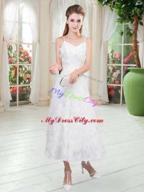 Enchanting White A-line Straps Sleeveless Ruffles Tea Length Zipper Prom Gown