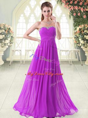 Sweetheart Sleeveless Prom Gown Floor Length Beading Purple Chiffon