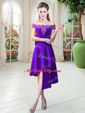 Satin Off The Shoulder Sleeveless Zipper Appliques Prom Party Dress in Purple