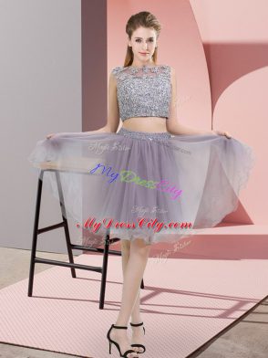 Grey Sleeveless Beading and Lace Prom Dress