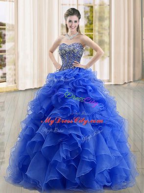 Sleeveless Floor Length Beading and Ruffles Lace Up 15 Quinceanera Dress with Blue