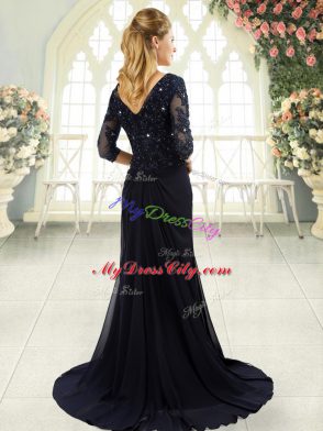 Glorious Half Sleeves Sweep Train Beading and Lace and Appliques Zipper Dress for Prom