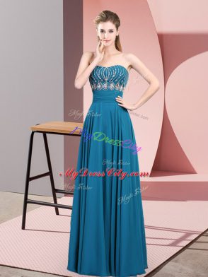 Blue Lace Up Strapless Beading Juniors Evening Dress Chiffon Sleeveless