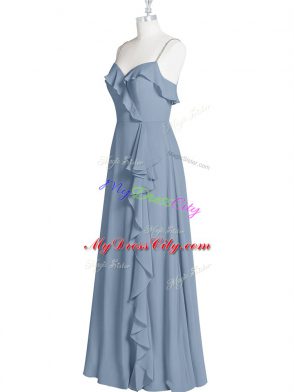 Chiffon Spaghetti Straps Sleeveless Zipper Ruching Prom Dresses in Blue