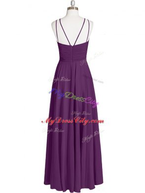 Superior Eggplant Purple Empire Chiffon Straps Sleeveless Ruching Floor Length Zipper Evening Dress