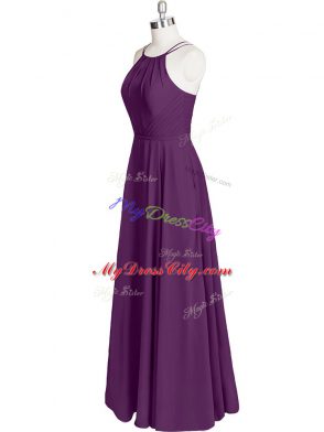 Superior Eggplant Purple Empire Chiffon Straps Sleeveless Ruching Floor Length Zipper Evening Dress