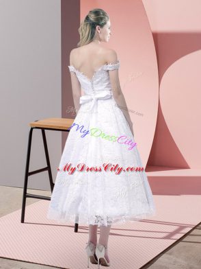 White Lace Criss Cross Strapless Sleeveless Tea Length Dress for Prom Belt